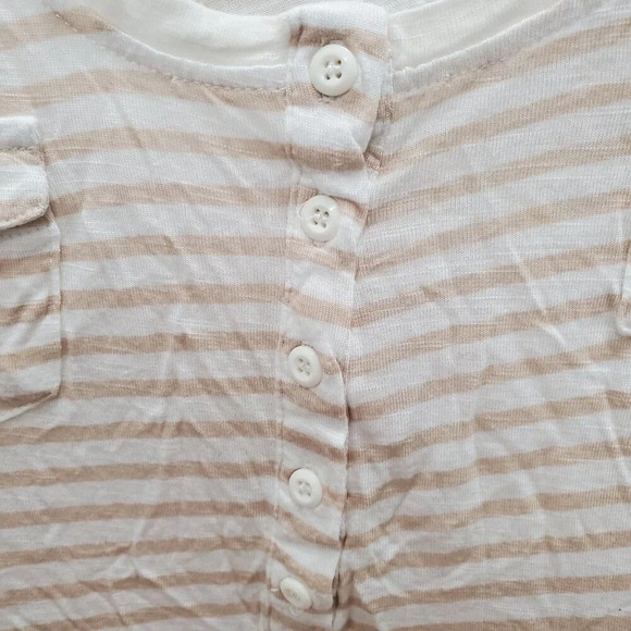 89th & Madison Women's Tan White Stripe Lightweight Knit Roll Tab Henley Top M - Picture 5 of 8